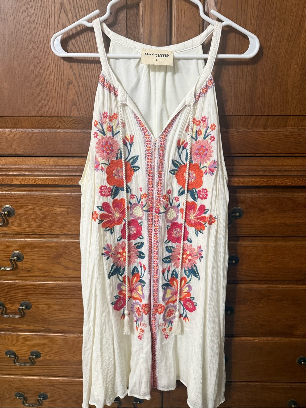 Embroidered Cream Boho Tunic with Pink & Orange Floral